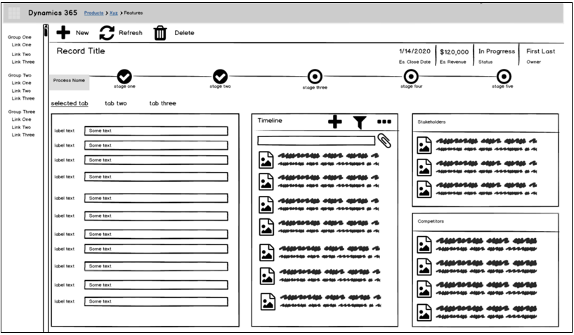 An example of a wire frame of a form with placeholders for text and groupings of controls.