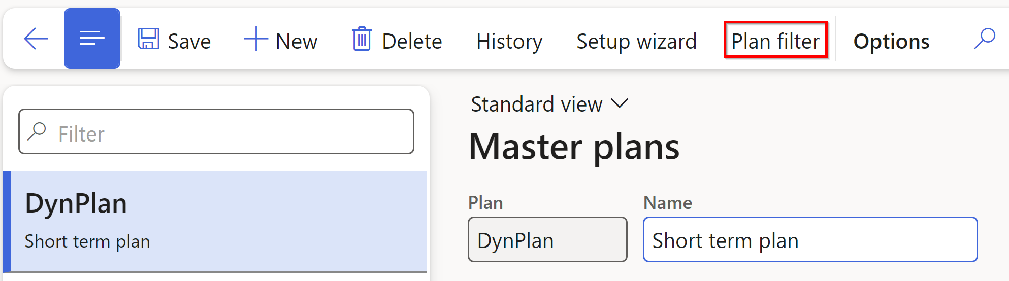 Screenshot of the Master plans page highlighting the Plan filter tab.