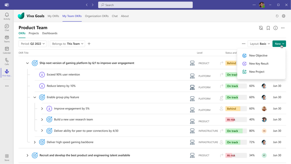 Screenshot of the integration between Viva goals and Microsoft Teams.