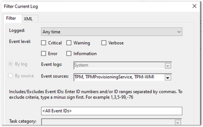 Filtering properties for the System event log.