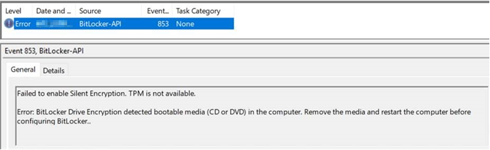 Screenshot of details of event ID 853 (TPM is not available, bootable media found).