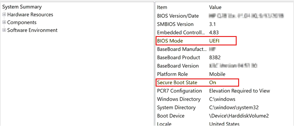 Screenshot of the System Information app, showing an unsupported Secure Boot State.