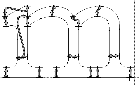 Screenshot showing the outlined letter m with multiple arrows indicating links between several pairs of points.