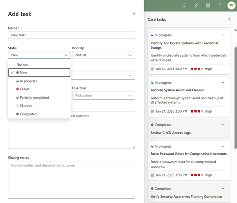 Screenshot showing the task pane with tasks populated for the case and statuses available.