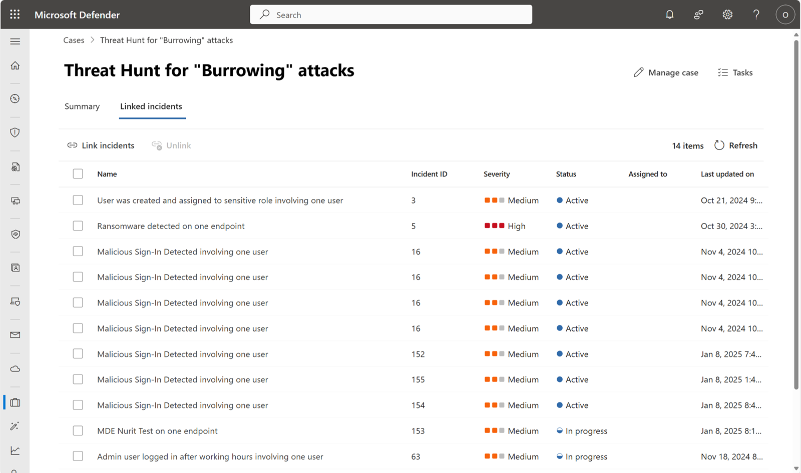 Screenshot showing linked incidents for the hypothetical burrowing attack case.