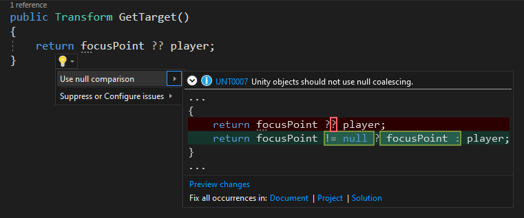 Screenshot of the Visual Studio refactoring string comparison with CompareTag.