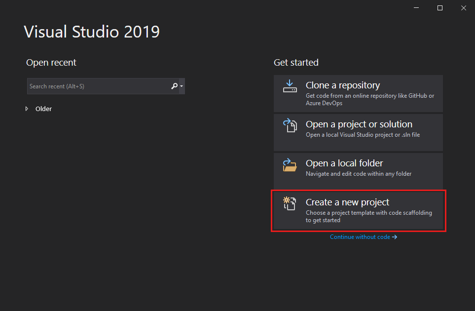 Screenshot showing the Visual Studio 2019 start window with Create a new project selected.