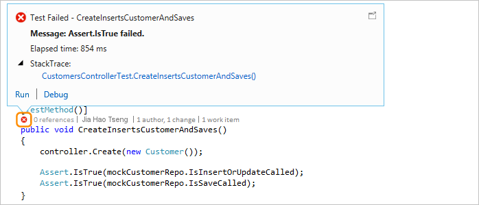 Screenshot that shows how to view the unit test result with CodeLens in Visual Studio 2019.