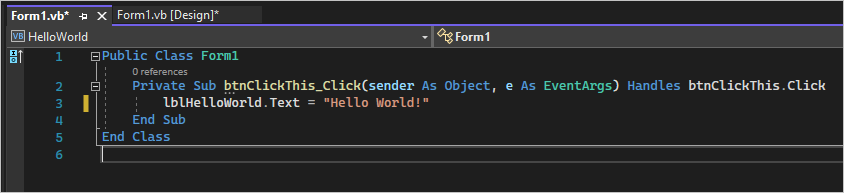 Screenshot shows a class in the Form1.vs tab where you can add Visual Basic code.