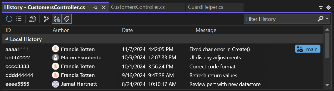 Screenshot that shows the CodeLens change history for code in a GitHub repository in Visual Studio.