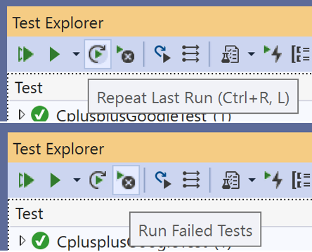 Run Failed Tests and Run Previous Test Run buttons