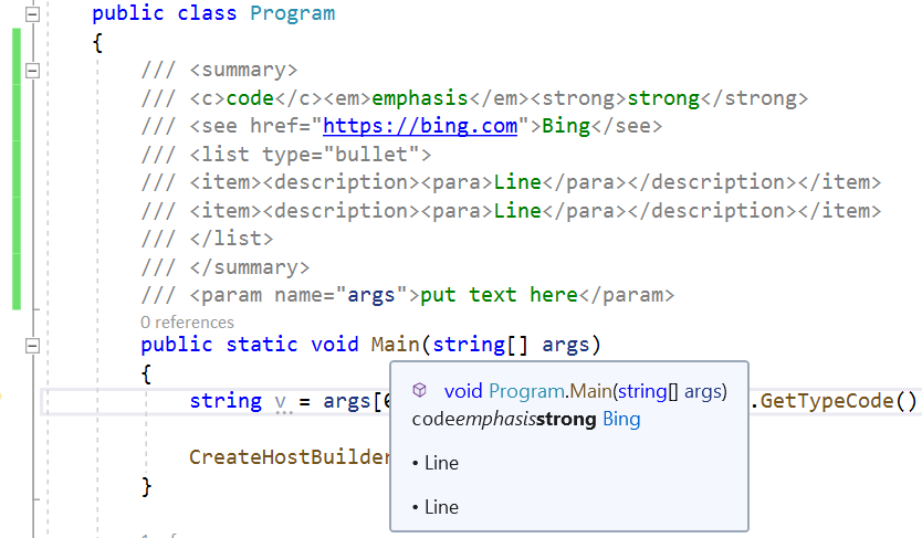 Quick info style support for XML comments