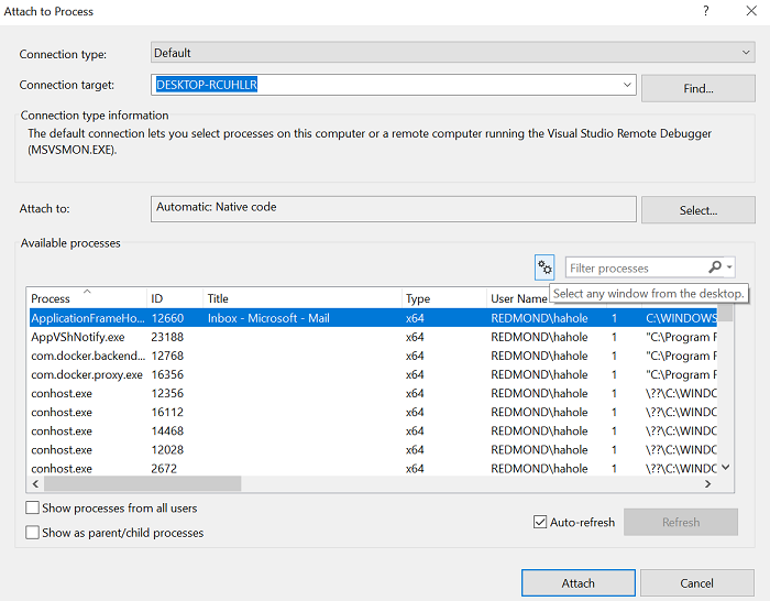 Attach to process Dialog Improvements