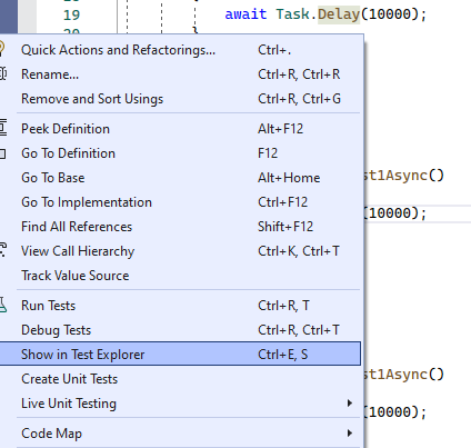 Show in Test Explorer from right-click menu