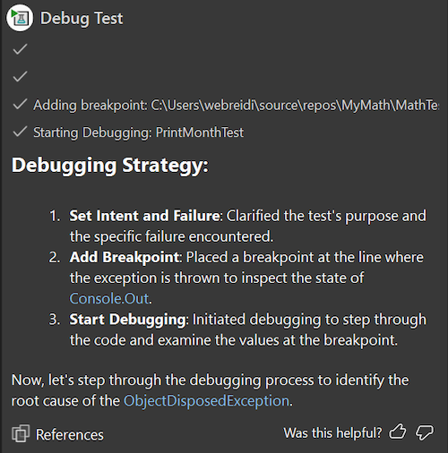 GitHub Copilot Chat with debug plan and next steps