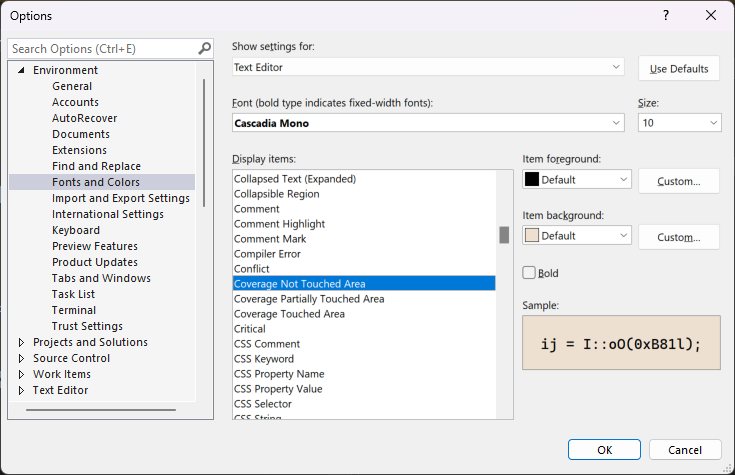 Screenshot showing code coverage fonts and colors