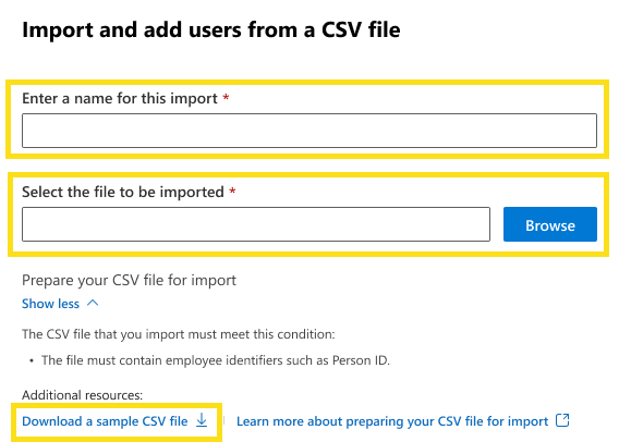 Screenshot that shows how to import new users from a csv file.