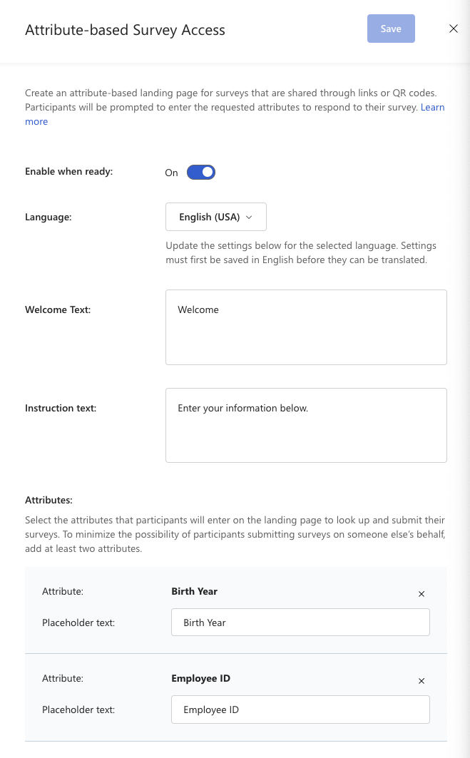 Screenshot of the attribute-based survey access setup pane in General Settings.