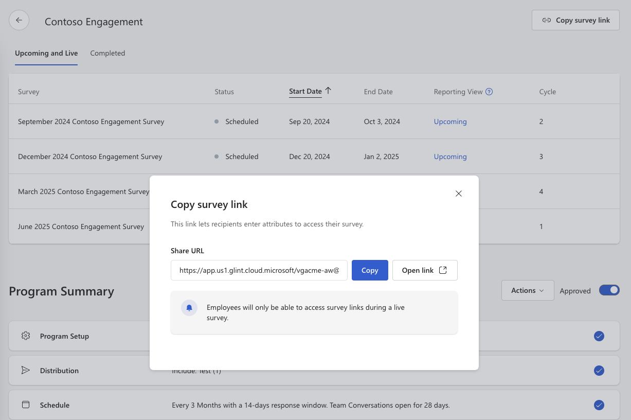 Screenshot of the attribute-based access survey link dialog in a survey program.