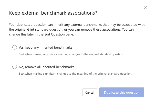 Screenshot of the dialog that appears to give the option to map or discard benchmark suites for copied questions.