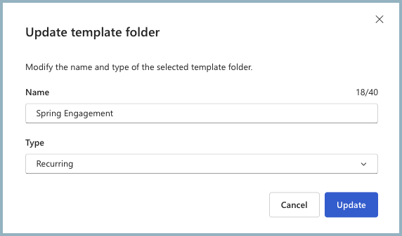 Screenshot of the Update template folder dialog box.