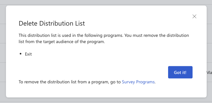 Screenshot of the Viva Glint distribution list deletion dialog that alerts users to surveys that use the list.