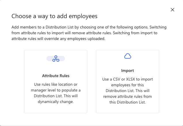 Screenshot of the choose a way to import employees dialog for distribution lists.