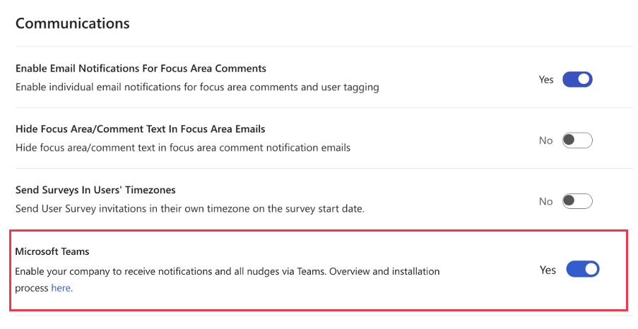 Screenshot of the Microsoft Teams toggle switched to Yes in General Settings.