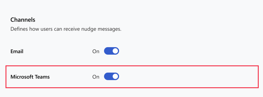 Screenshot of the Microsoft Teams toggle switched to On in the Recipient Group Setup section for a Nudges recipient group.