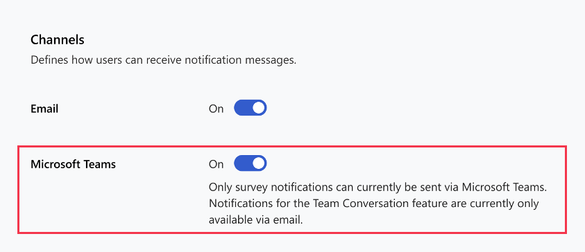 Screenshot of the Microsoft Teams toggle switched to On in the Communications section of a Glint survey.