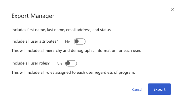 Screenshot of the Export role dialog for the Manager role.