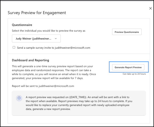 Screenshot of the *Survey Preview for Engagement* dialog box from which to select **Generate Report Preview**.