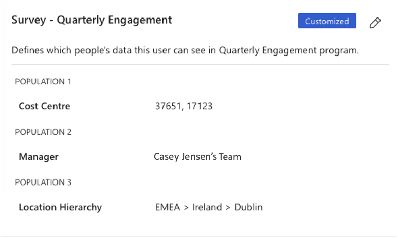 Screenshot of a user's custom Cost Center, Manager Team, and Location access.