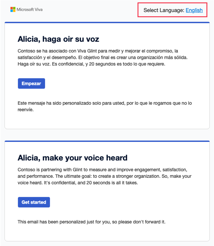 Screenshot of an email with Spanish and English sections and a Select Language hyperlink at the top of the email.