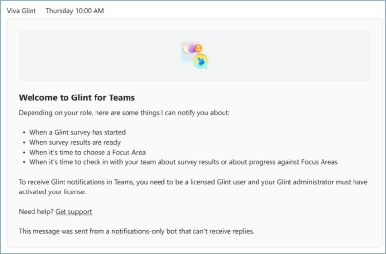 Screenshot of the Teams message that users receive when Viva Glint is installed to Microsoft Teams.