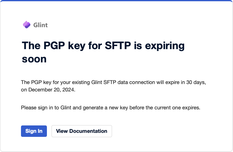 Screenshot of the PGP key expiration email which Glint sends 30 days before the expiration date.