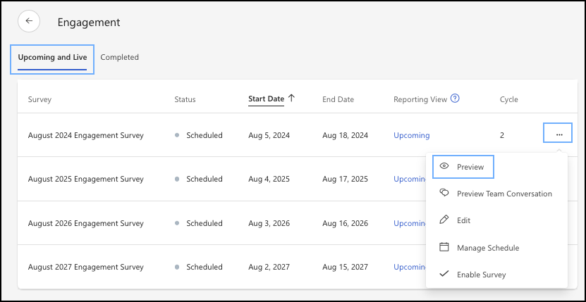 Screenshot of the preview dropdown menu within the ellipses next to a survey cycle.