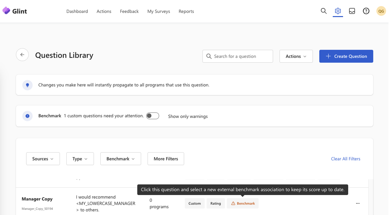 Screenshot of the Question Library with a custom question flagged for benchmark mapping.