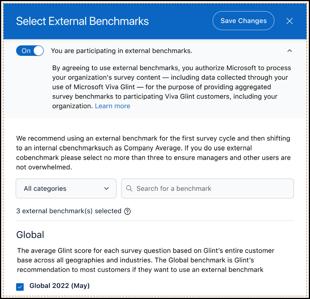 Screenshot of the Select External Benchmarks slider window with consent turned On.