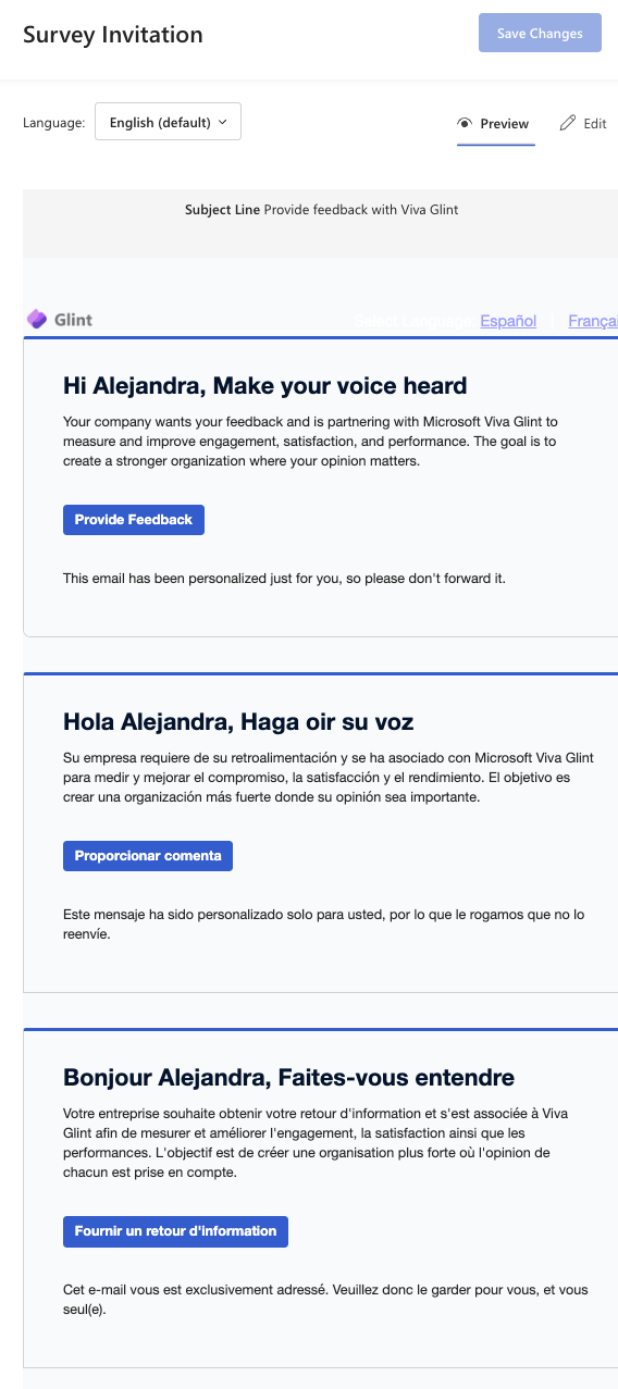 Screenshot of an email preview for a triple language email with sections in English, Spanish, and French.