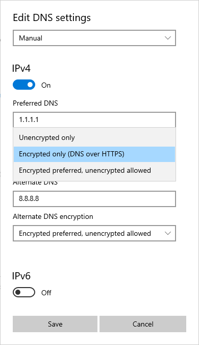 screen shot of dns settings