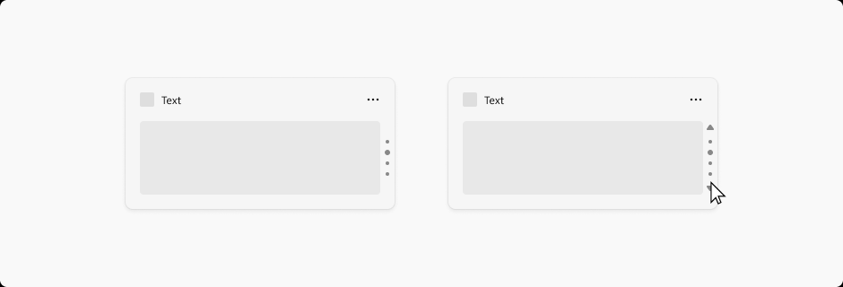 This set of two images show horizontal pagination. In the first image, a column of dots is aligned along the right side. One dot is larger to indicate the currently active page. In the second image a cursor mouses over an down-pointing arrow at the bottom of the widget that lets the user move to the next page. There is a matching up-pointing arrow on the top of the widget for navigating to the previous page.