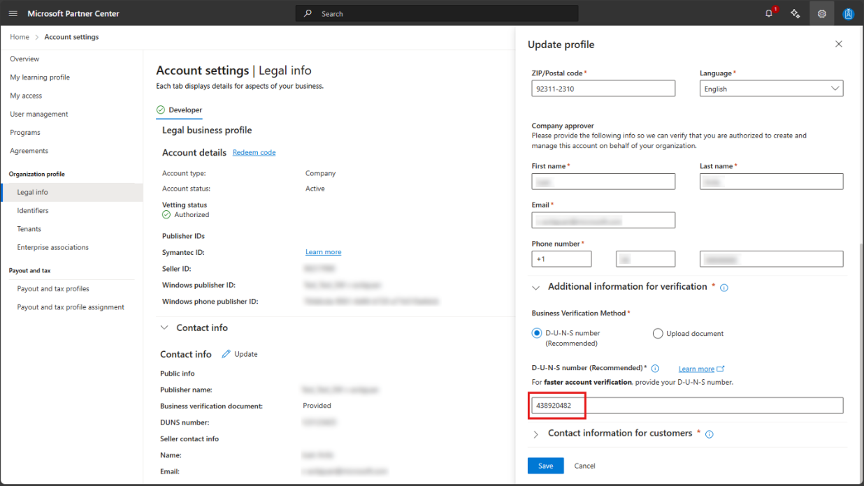 DUNS ID input location in Partner Center