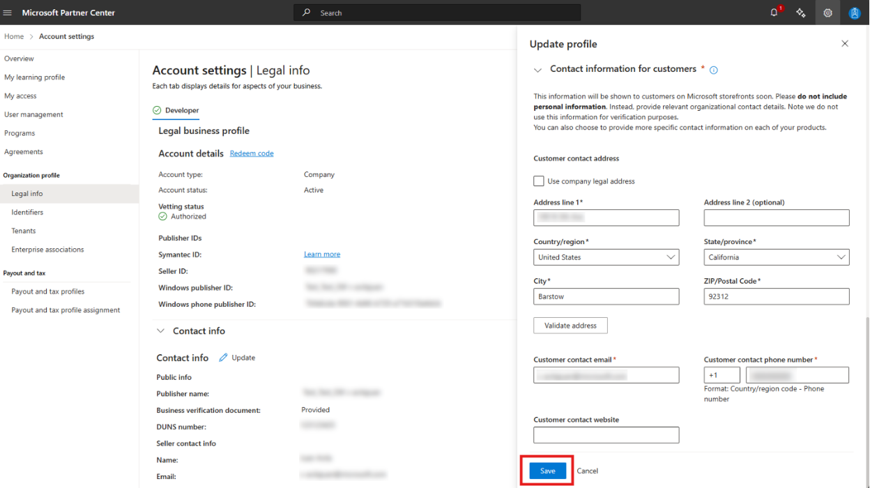 Contact Information tab location in Partner Center