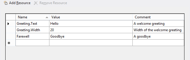 Screenshot of the Add Resource table of the Strings > E N U S > Resources.resw file.