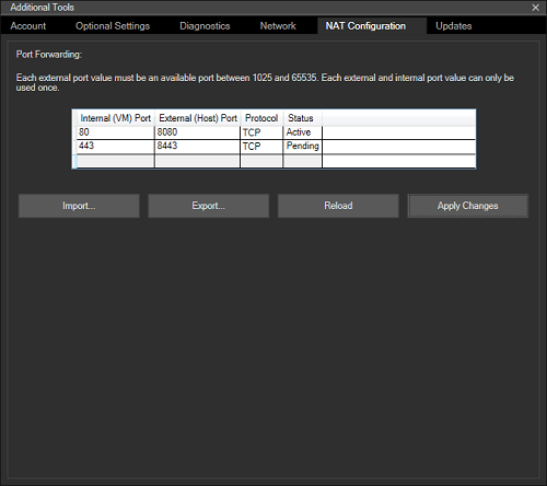 HoloLens Emulator 'NAT Configuration' tab