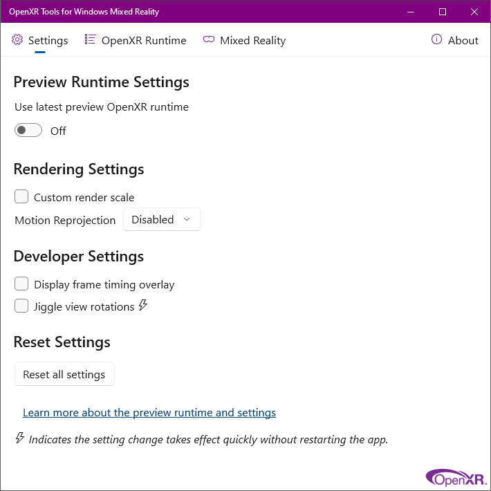 OpenXR Tools for Windows Mixed Reality app Settings tab