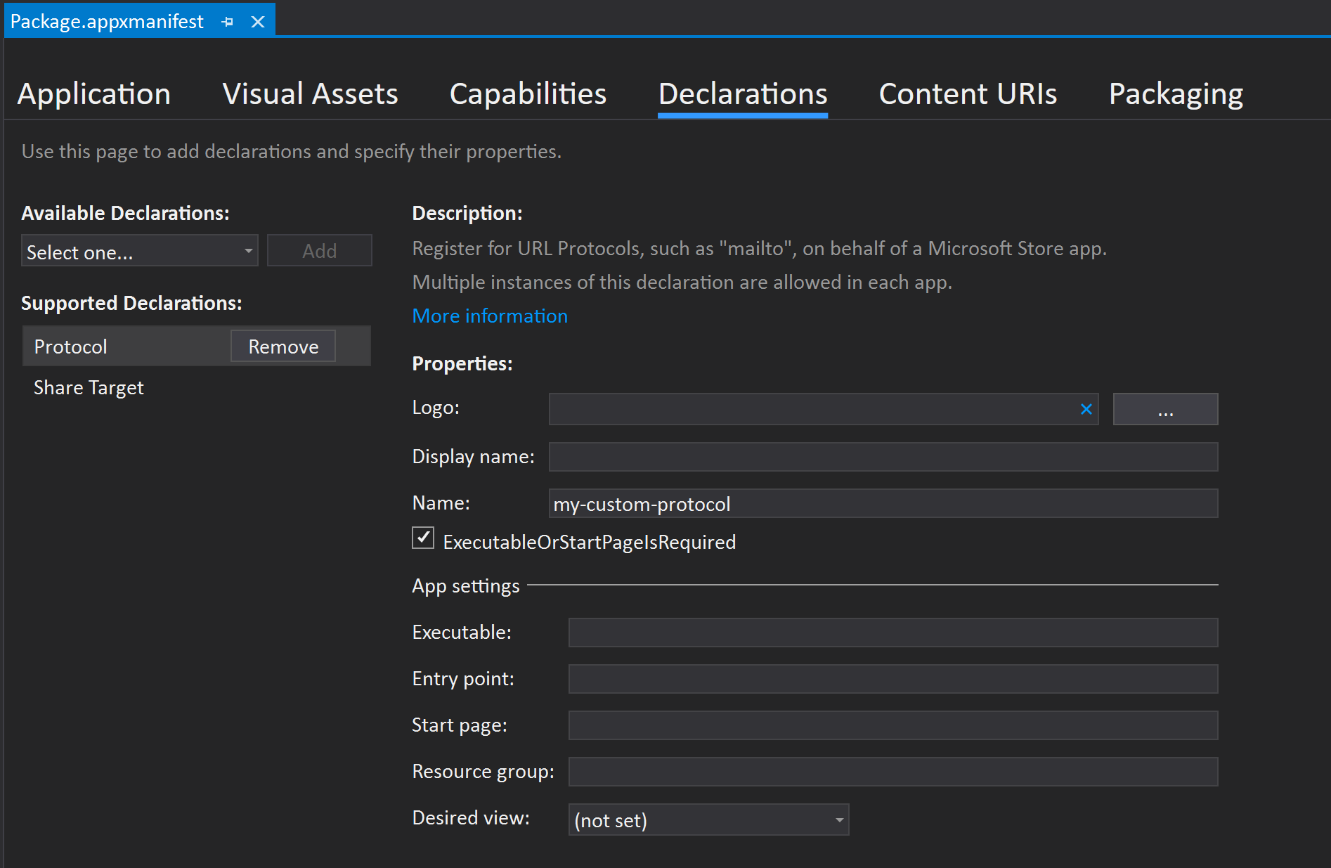 Protocol declaration in package.appxmanifest