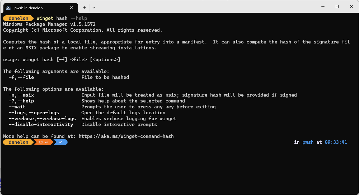 winget hash command help options