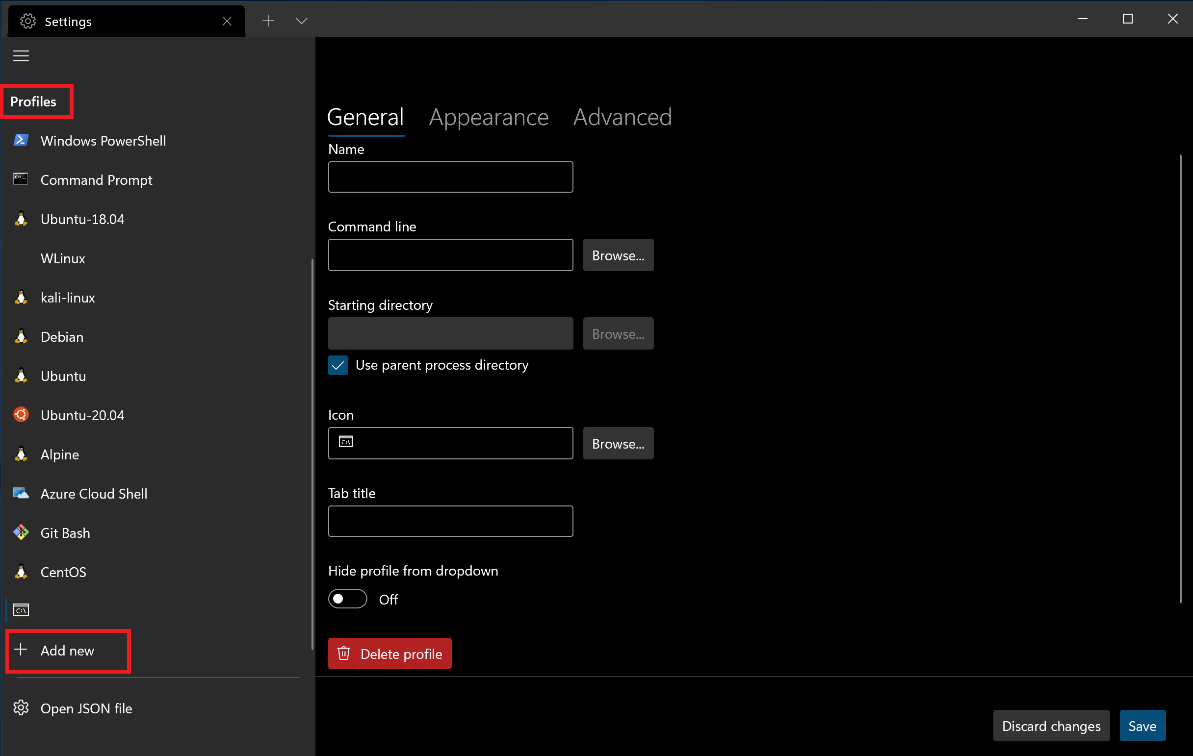 Screenshot of Windows Terminal Settings list of profiles